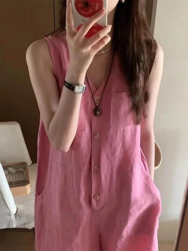 صيف جديد Sle العلامة التجارية الكبيرة الوردي الكتان زر واحد V-ne Svel واسعة الساق قطعة واحدة orts عادية مريحة المرأة...