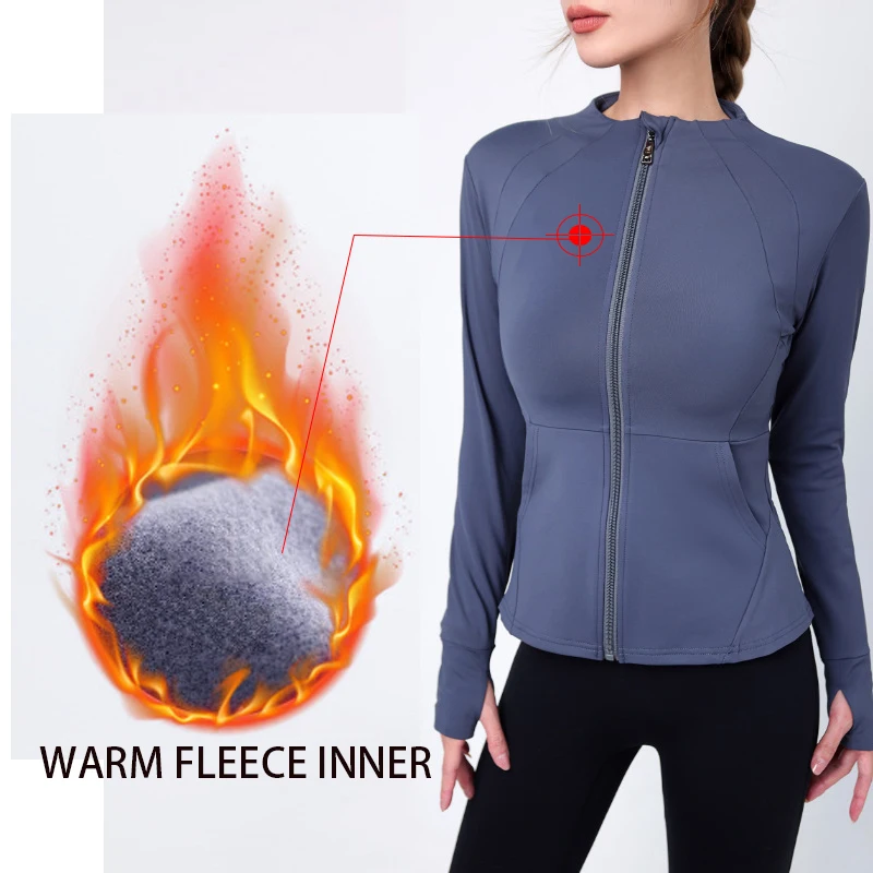 Aiithuug Pockets Winter Jackets Sports Warm Fleece Inner Full Zip Up Jogging Yoga Zipper Long Sleeve Top Fitness Gym Jacket 4018