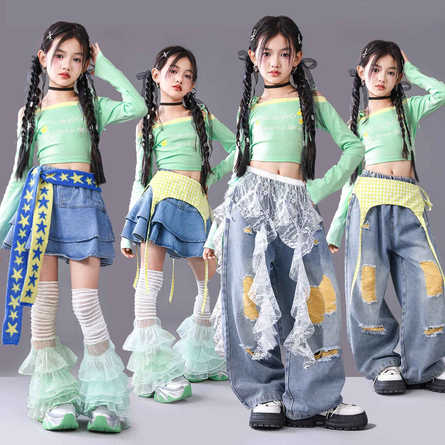 

K-pop зеленые милые многослойные юбки для уличных танцев для девочек, укороченная рубашка для подростков, брюки, комплект одежды, детский джазовый костюм, детская уличная одежда