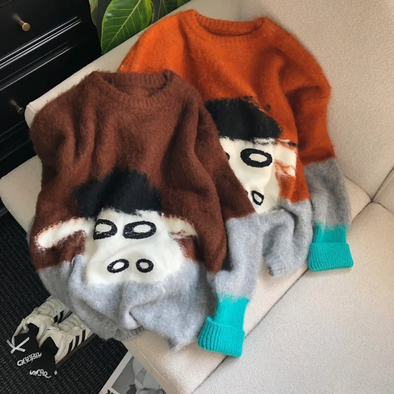 2024 Autumn Winter Retro Cartoon Character Jacquard Color Matching Soft Comfortable Age-reducing Casual O-neck Pullovers Sweater