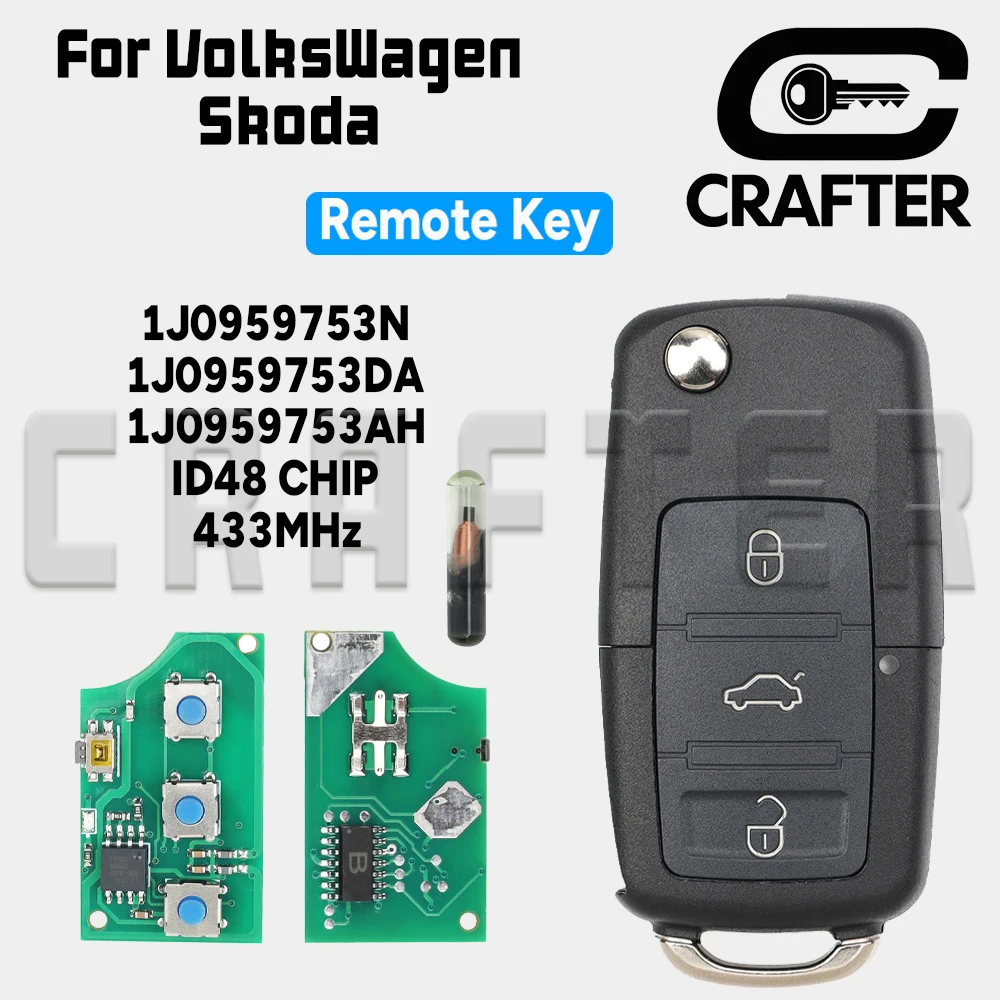 

Key Crafters 1J0959753N 315/433MHz ID48 CHIP Remote Car Key For VW Volk Swagen Caddy Passat Golf Tiguan Touran 1J0959753AH/DA/DJ