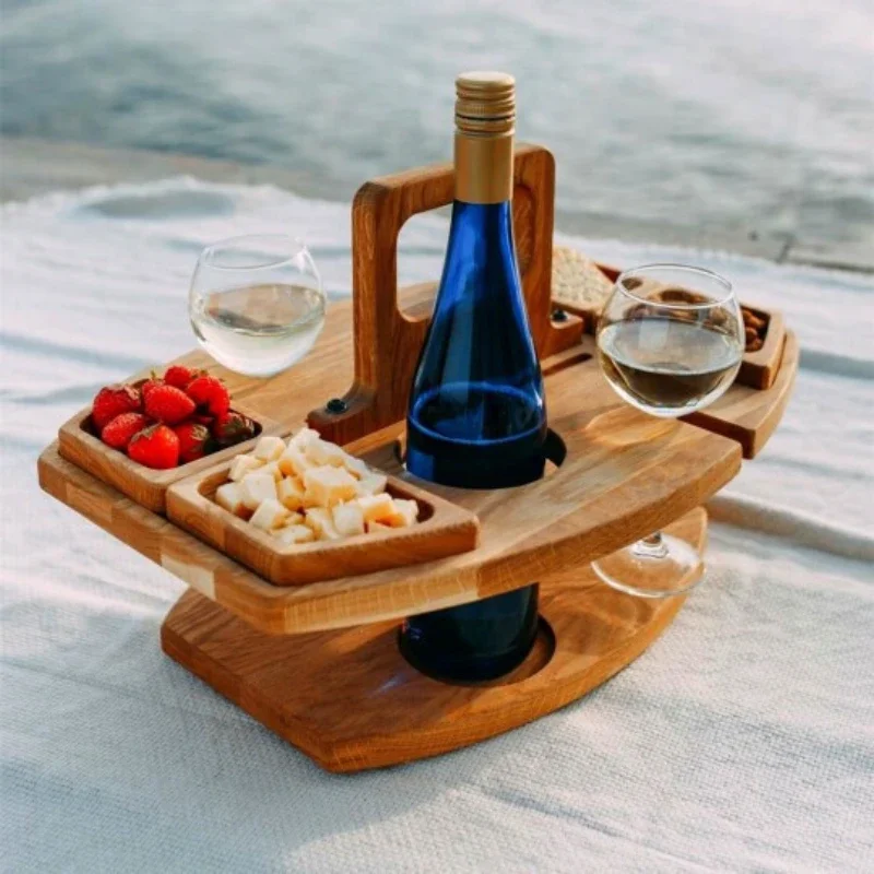 Portable Picnic Table Outdoor Wood Storage Basket  Hanging Wine Glass and Fruit Plate Camping Table  Handle Foldable Table