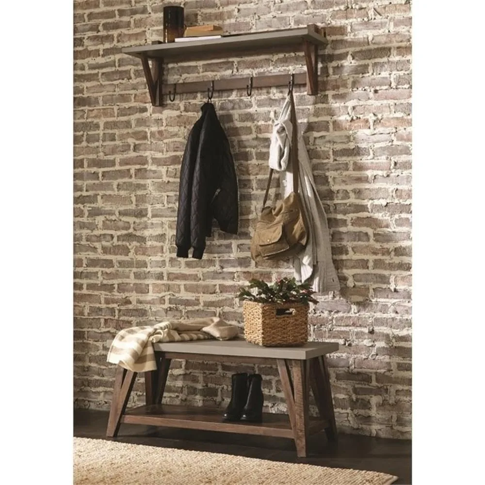 Brookside Coat Hook and Bench Set, Modern Industrial Style with Concrete-Coated Top, Solid Wood Base