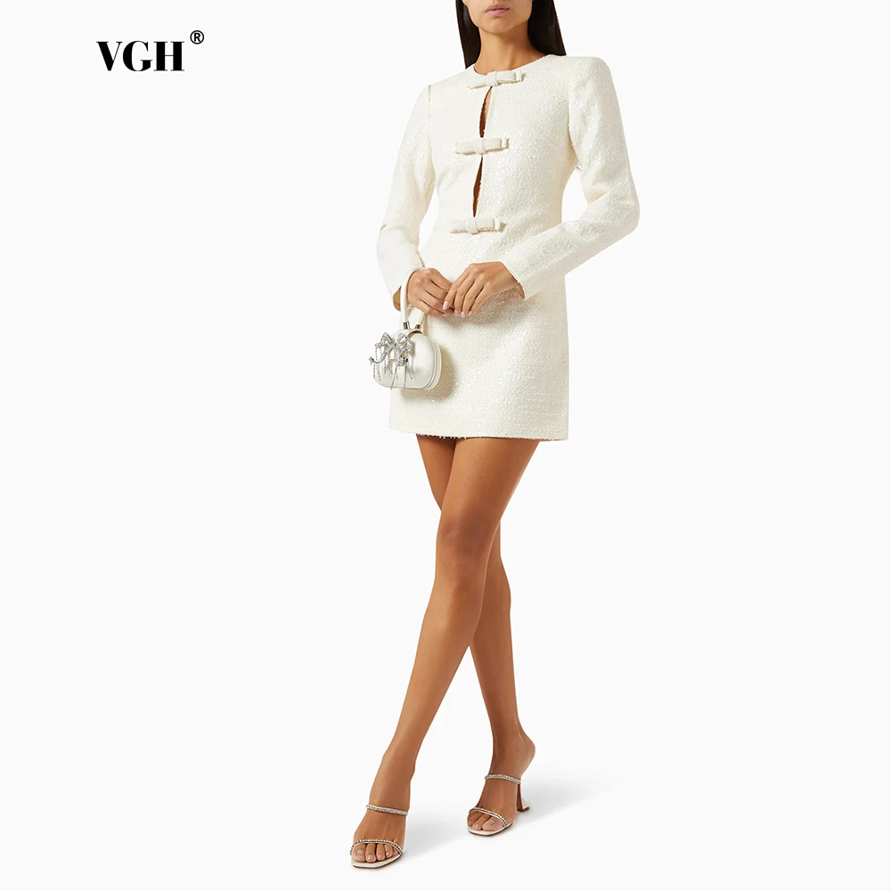 

VGH Hollow Out Spliced Bowknot Solid Mini Dresses For Women Round Neck Long Sleeve High Waist Elegant Dress Female Fashion New