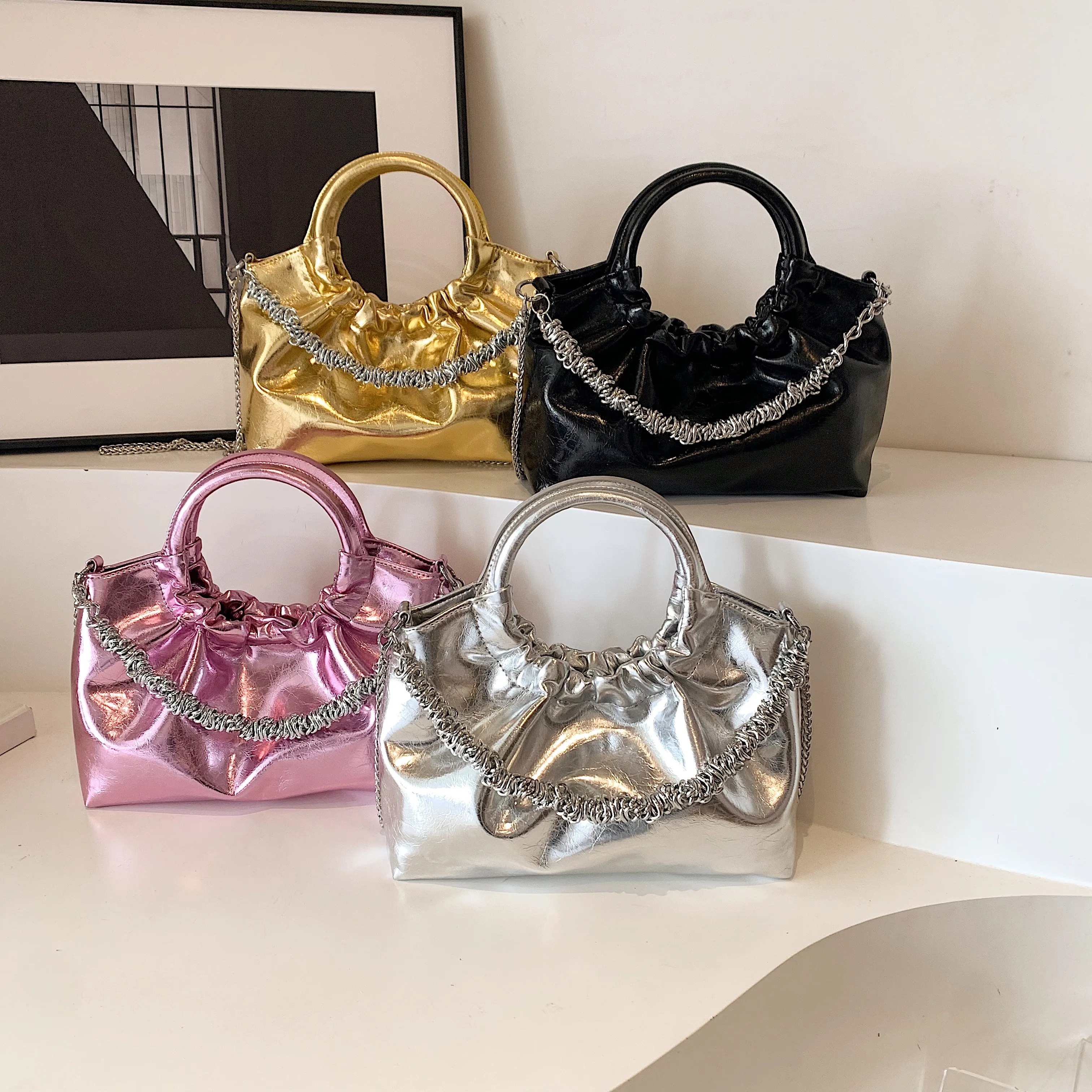 Silver Handbag Women Bag Round Ring Handle Tote Quality Soft Leather Shoulder Bag Fashion Chain Clutch Bag Female Luxury Bolsos
