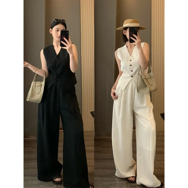 Leinen Damen Neuheit: Ärmelloses High-End Frühling/Sommer Anzug-Set im Modernen Stil mit Weste und Weiten Hosen
