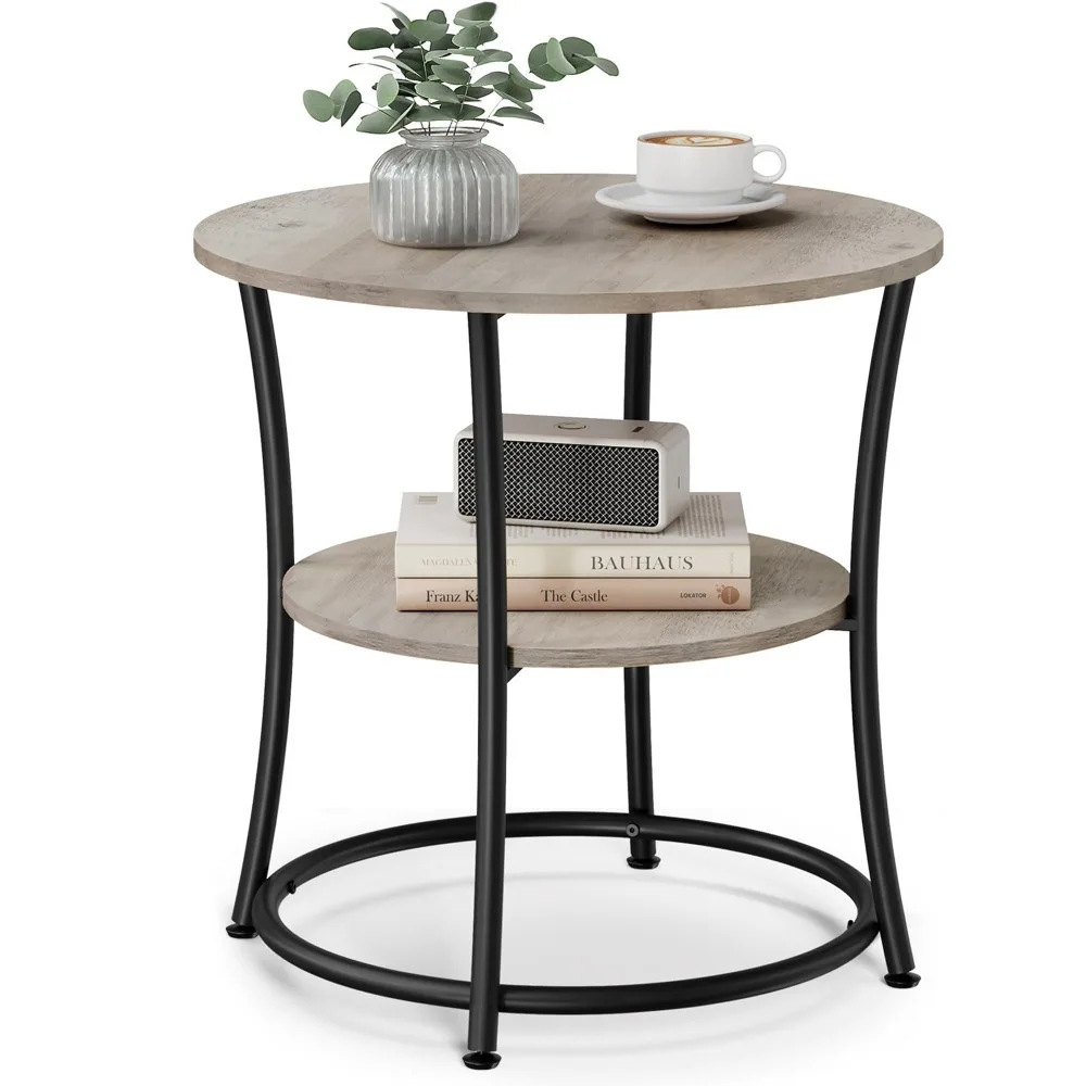 

Side Table, Round End Table with 2 Storage Shelves for Living Room, Bedroom, Nightstand with Steel Frame for Small Spaces