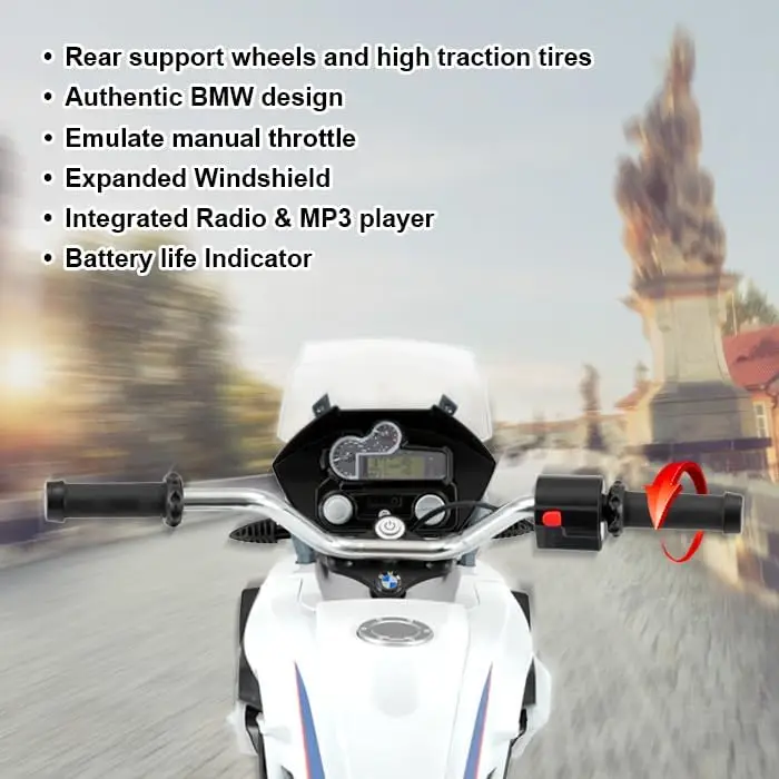 Motocykl dla dzieci 12 V — rower elektryczny z akceleratorem skrętu, reflektorem LED, dźwiękami silnika, tylnymi kołami pomocniczymi i gumą