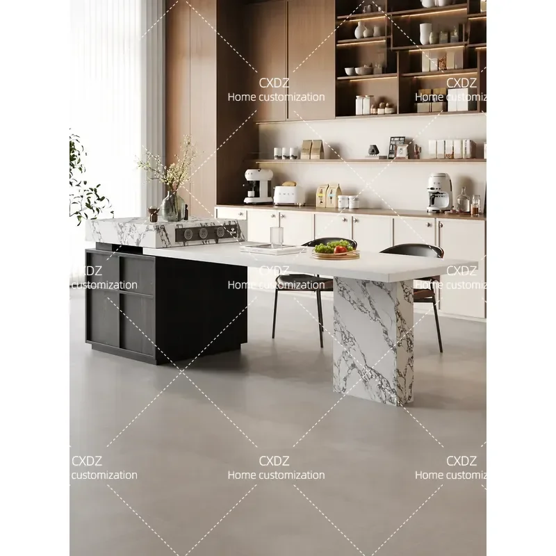 Light Luxury Sintered Stone Retractable Island Table Multifunctional Kitchen Island with Storage for Small Apartment