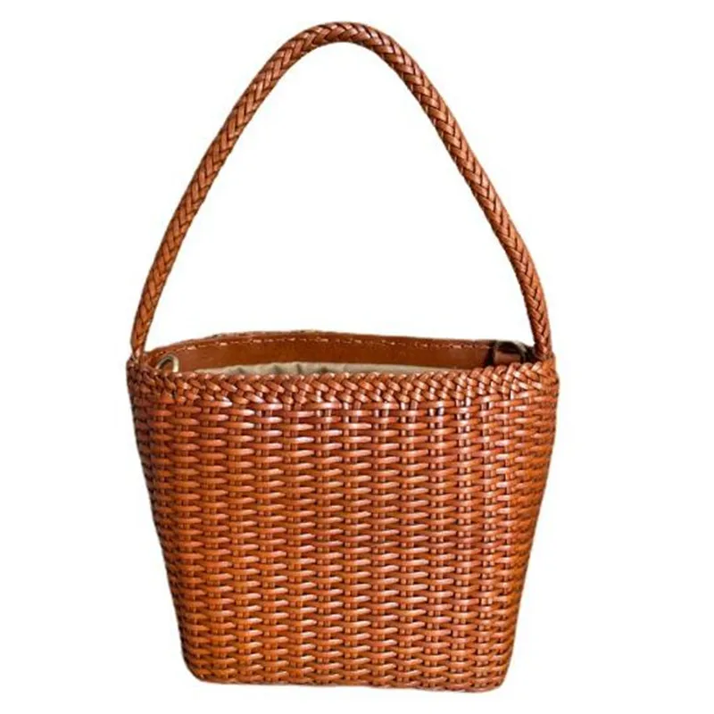 Beach Bags New Manual Weave Genune Leather Hand Bucket Tote Top Quality Women Basket Shopping Hobos Handbag