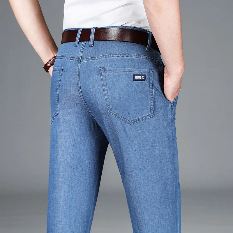 Pantalones vaqueros finos de seda helada para hombre, pantalones largos holgados de tubo recto de talla grande, para las cuatro estaciones, pueden usar comodidad de ocio para caballero adulto