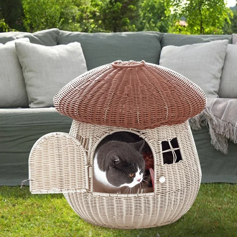 

rattan cat kennel closed cage out four seasons universal sleep dog villa handmade mushroom house pet