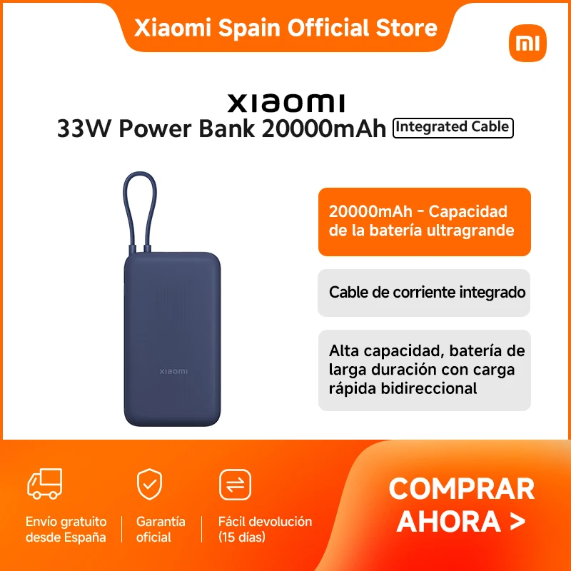 Official | Xiaomi 33W Power Bank 20000mAh (Integrated Cable), 20000mAh - Capacidad de la batería ultragrande, Cable de corriente integrado, Alta capacidad, batería de larga duración con carga rápida bidireccional