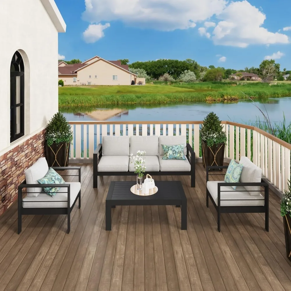 Aluminum Outdoor Couch, 3-Seat Metal Outdoor Sofa with Water-Resistant Cushion, Weather-Resistant Modern Patio Sofa, Black Fram