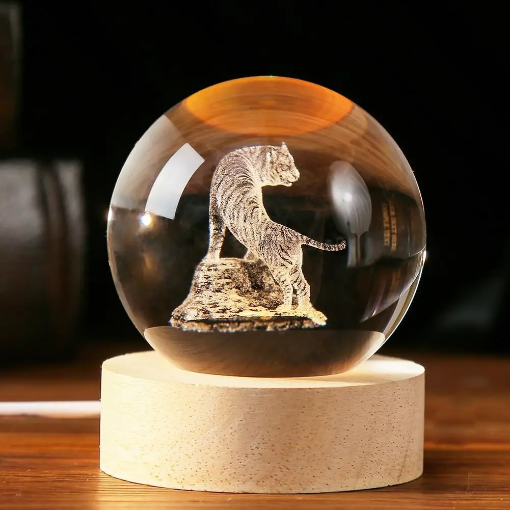 

3D Tiger Crystal Ball 6cm Tiger Decorative Glass Sphere with Wood LED Stand Home Decoration Ornament Souvenir Birthday Gifts