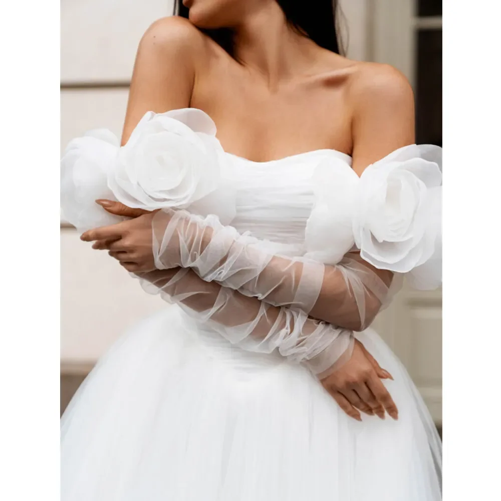 

Classic A-line Wedding Dresses Long Sleeves Hand Made Flowers Sweep Train Tulle Bride Bridal Gowns Beach Boho Robe De Mariage