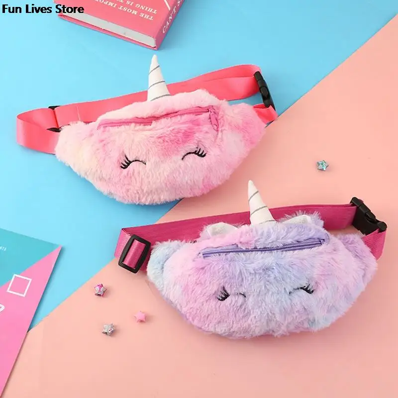 Riñonera de felpa de unicornio para niños, bolso de cintura con cinturón de animales, bolsa de teléfono de piel sintética de invierno, Mini monedero