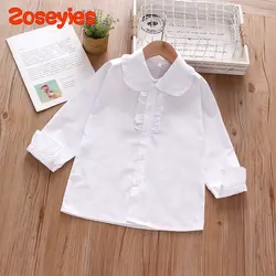 Spring Baby Girl's White Shirt Solid Pocket Decorative Polo Long Sleeve Top Bottom Shirt