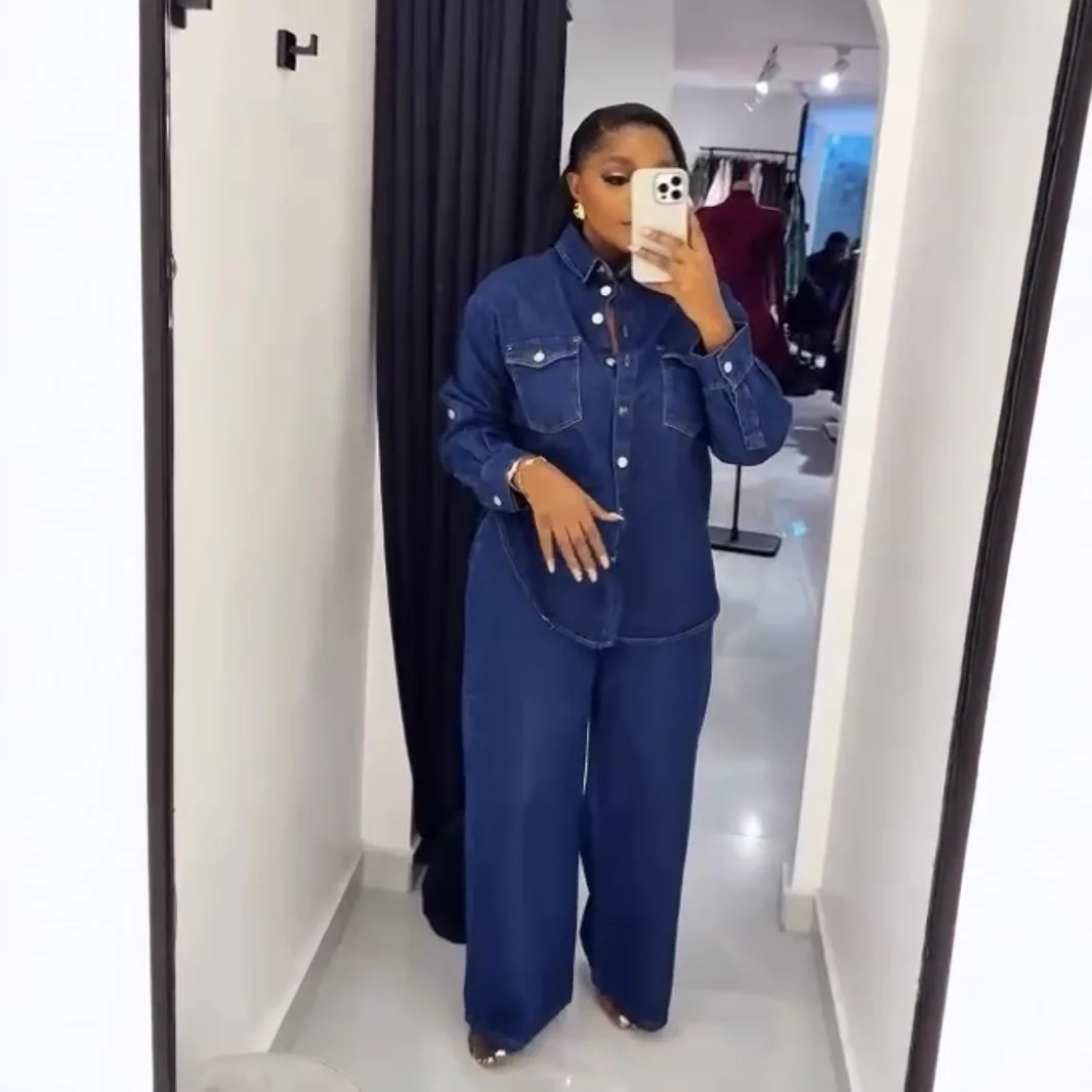 

New Ladies Lapel Pocket Design Long-sleeved Shirt + Wide-leg Jeans Ladies Casual Fashion Denim Loose Two-piece Set for Autumn