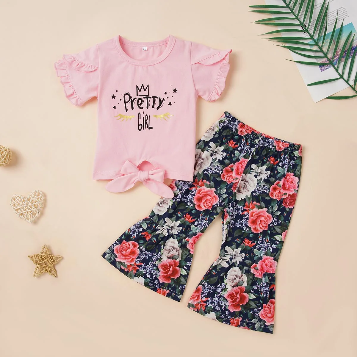 Girls' Clothing Set Round Neck Short Sleeve Printed T-shirt Flower Printed Flare Pants Two Piece Summer Girls' Cotton Set