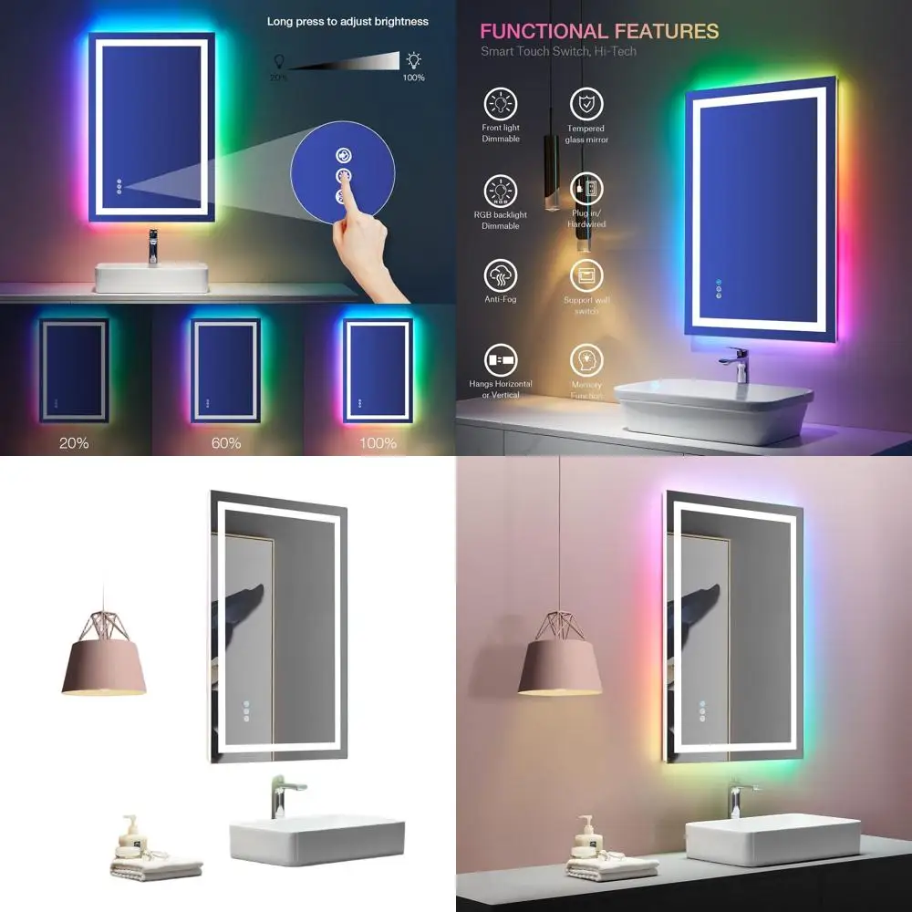 

Anti-Fog LED Bathroom Mirror, 28x36, Dimmable RGB Backlit with Front Lights, Tempered Glass Vanity Wall Mirror, Memory Function
