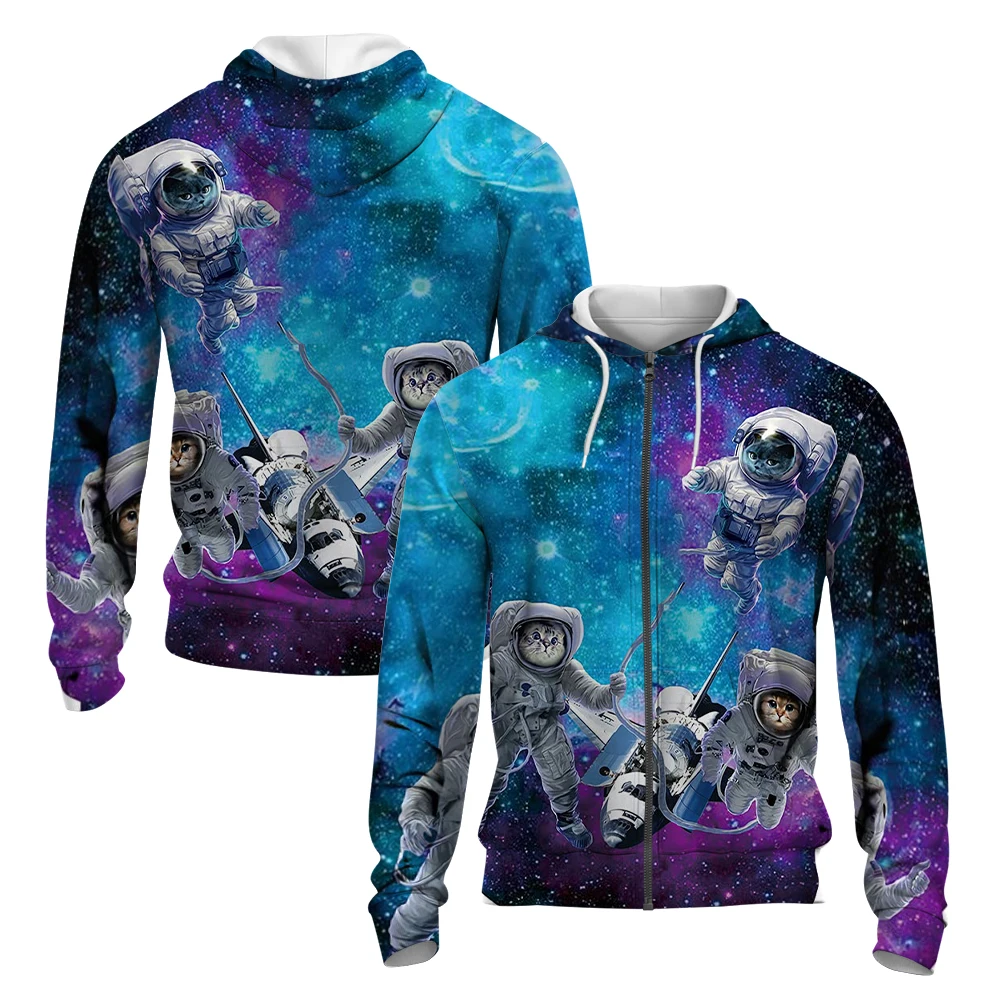 Outer Space Aerospace Cat 3D Printed Autumn/winter Zipper Hoodie Men's Retro Street Sports Zipper Hoodiefashionsuperdavidclothes