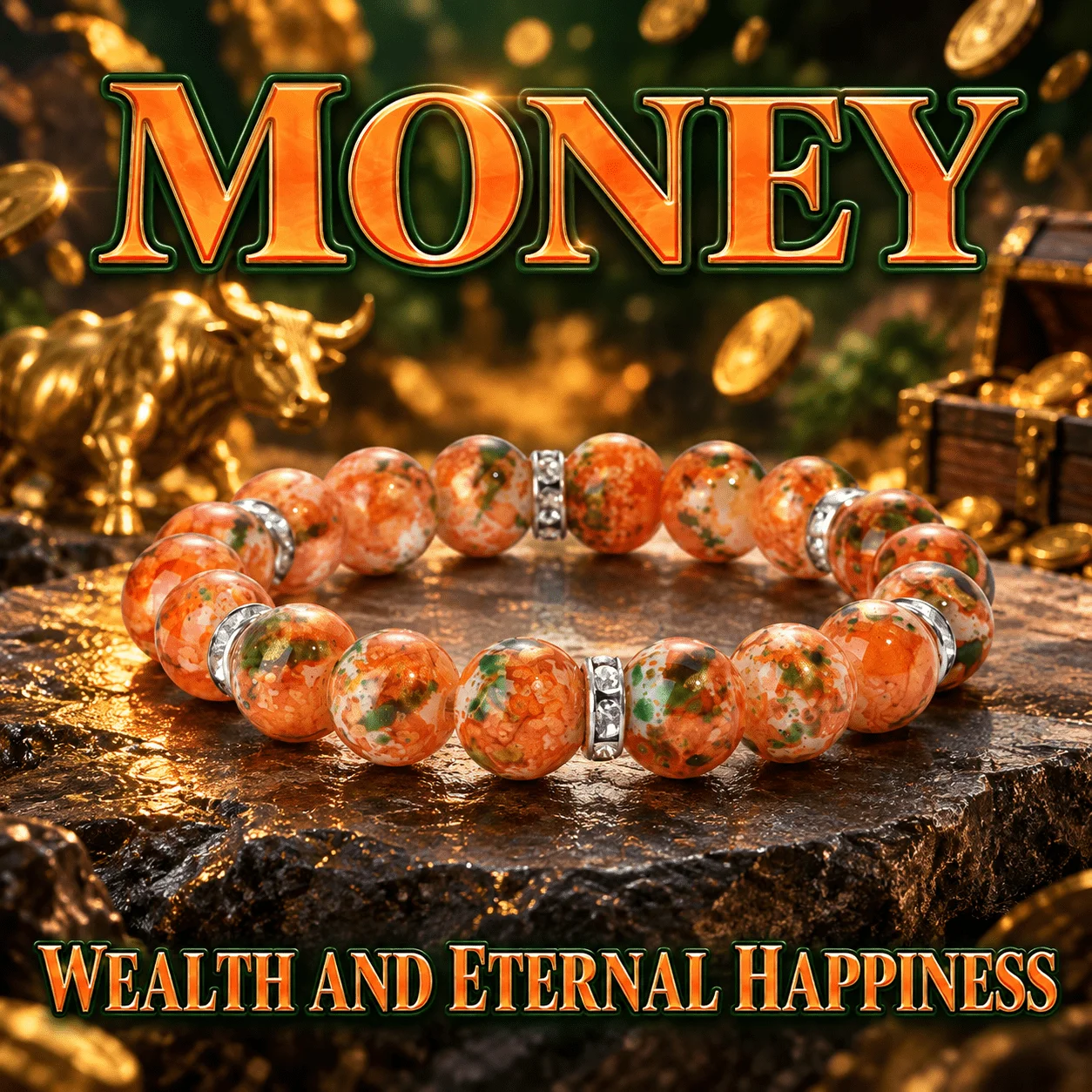 Orange green textured bead bracelet, themed around wealth and happiness,featuring luxurious wrist jewelry for both men and women