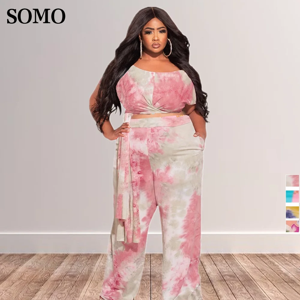 

Fashion Plus Size Women Clothing Summer Lace Up Crop Top Wide Leg Pants Sexy Two Piece Set Printed Wholesale Dropshipping