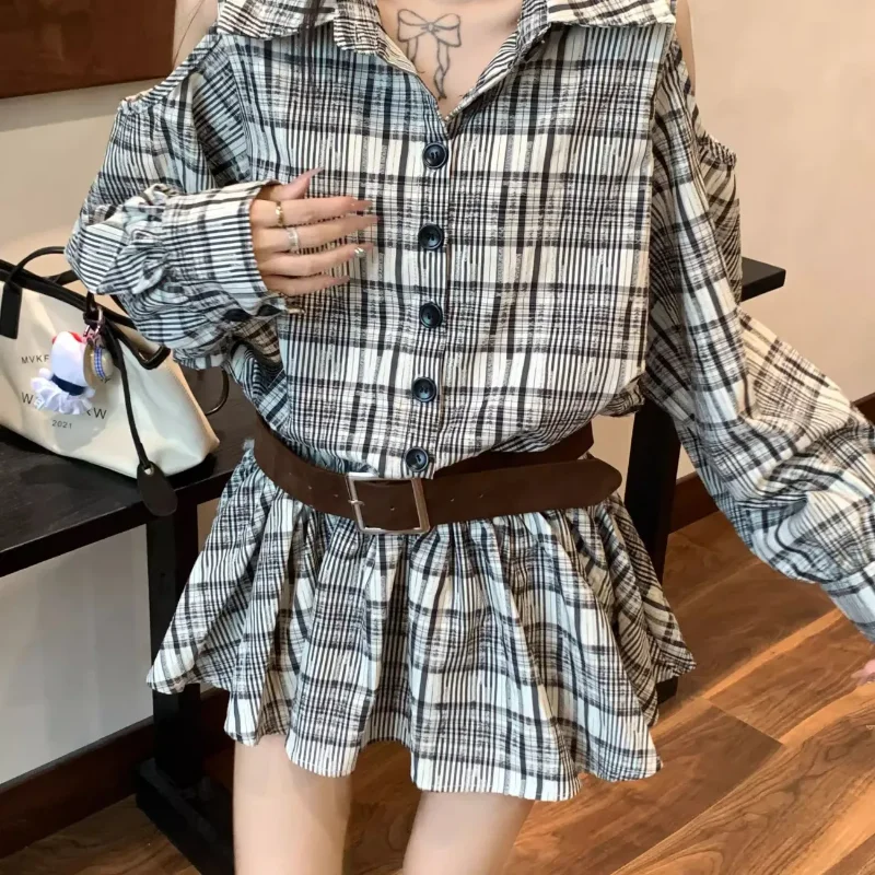 فستان ريترو منقوش عاري الكتفين بياقة بولو وأكمام طويلة للنساء قميص خريفي بتصميم على شكل حرف A