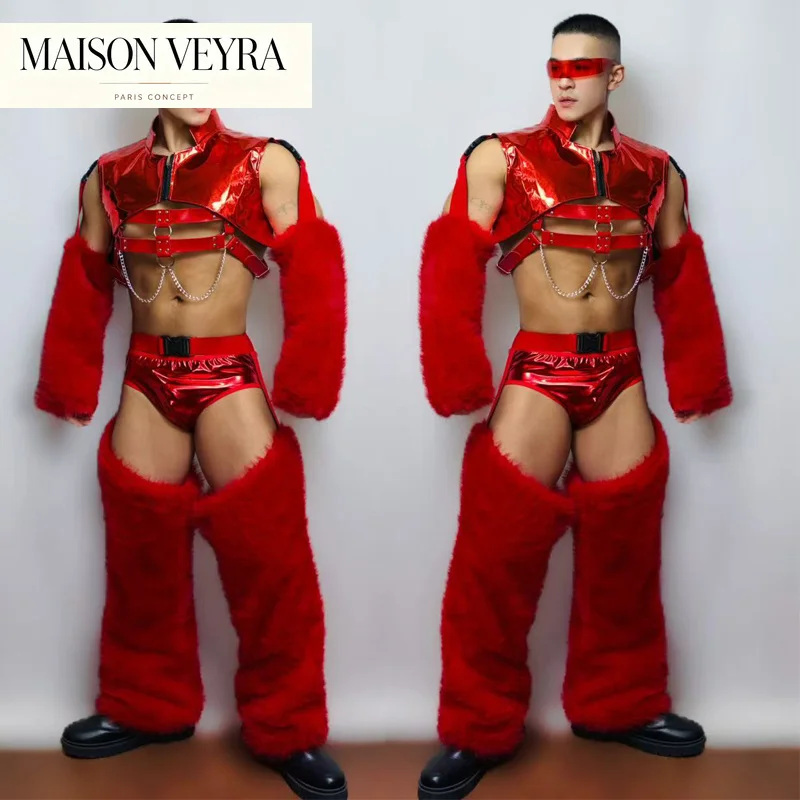 Sexy Pole Dance Costumes Muscle Man Rave Outfits Red Laser Feather Top Pants Men Bar Nightclub DJ Stage Performance Suit XS10929