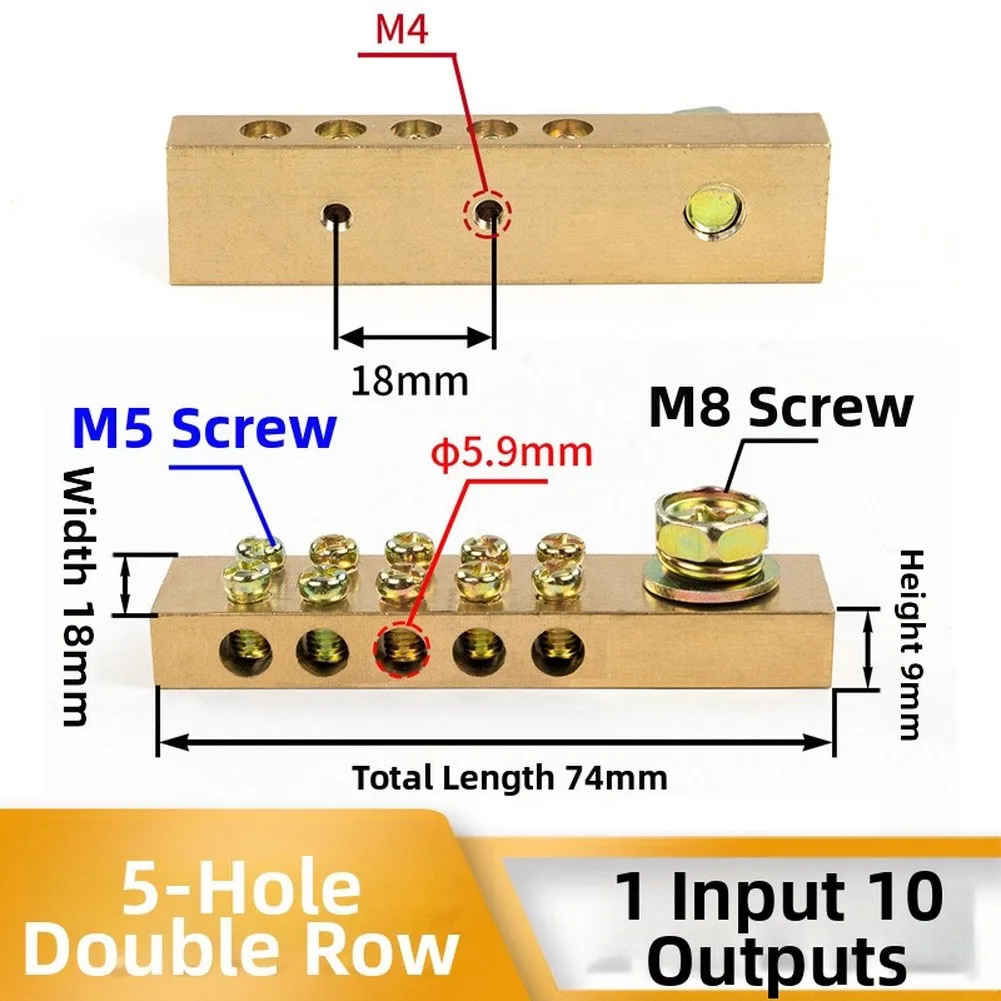2pcs Brass Color Copper Busbar Terminals Double Hole Design for For grounding 5p 10p 20p Ribbon Cable Applications