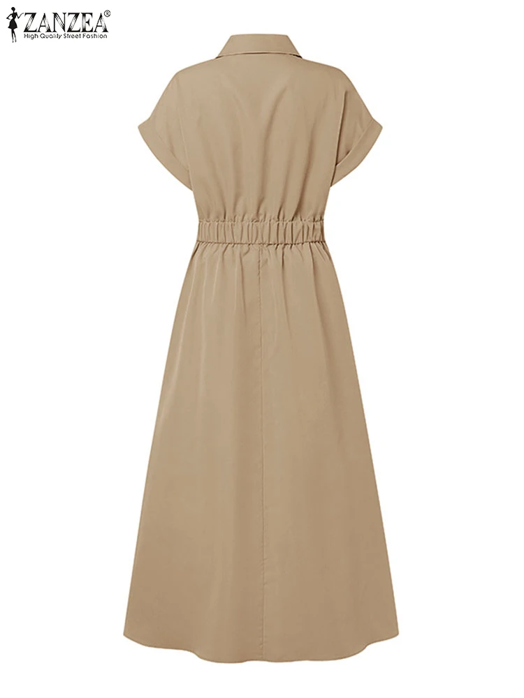 ZANZEA Women Fashion Long Shirt Dress 2025 Elegant High Waisted Short Sleeve Collared Maxi Dresses Solid Color Streetwear S-3XL - Image 2