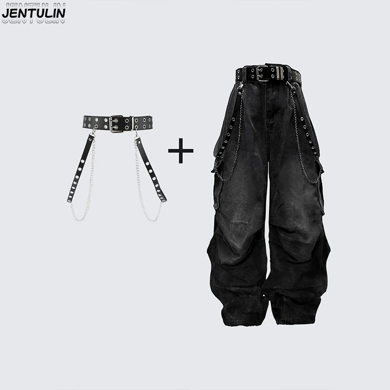 

Джинсы в стиле Harajuku Subculture Dark High Street Heavy Industry, с эффектом потертости, в панк-стиле, с цепями, рабочая одежда, широкие брюки унисекс, одежда Y2K