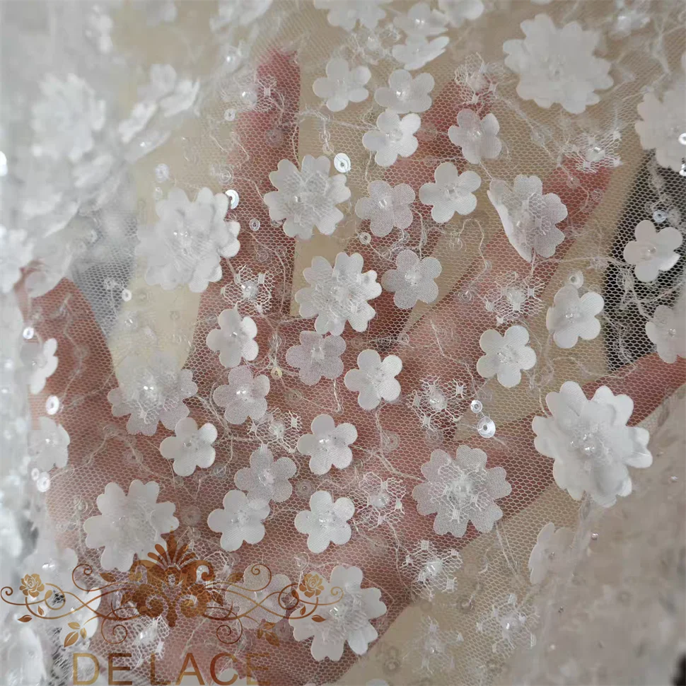 JZQ New Style 3D Flower Beaded Lace Sequined Flowers Fabric Luxury Bridal Wedding Dress Lace Fabric
