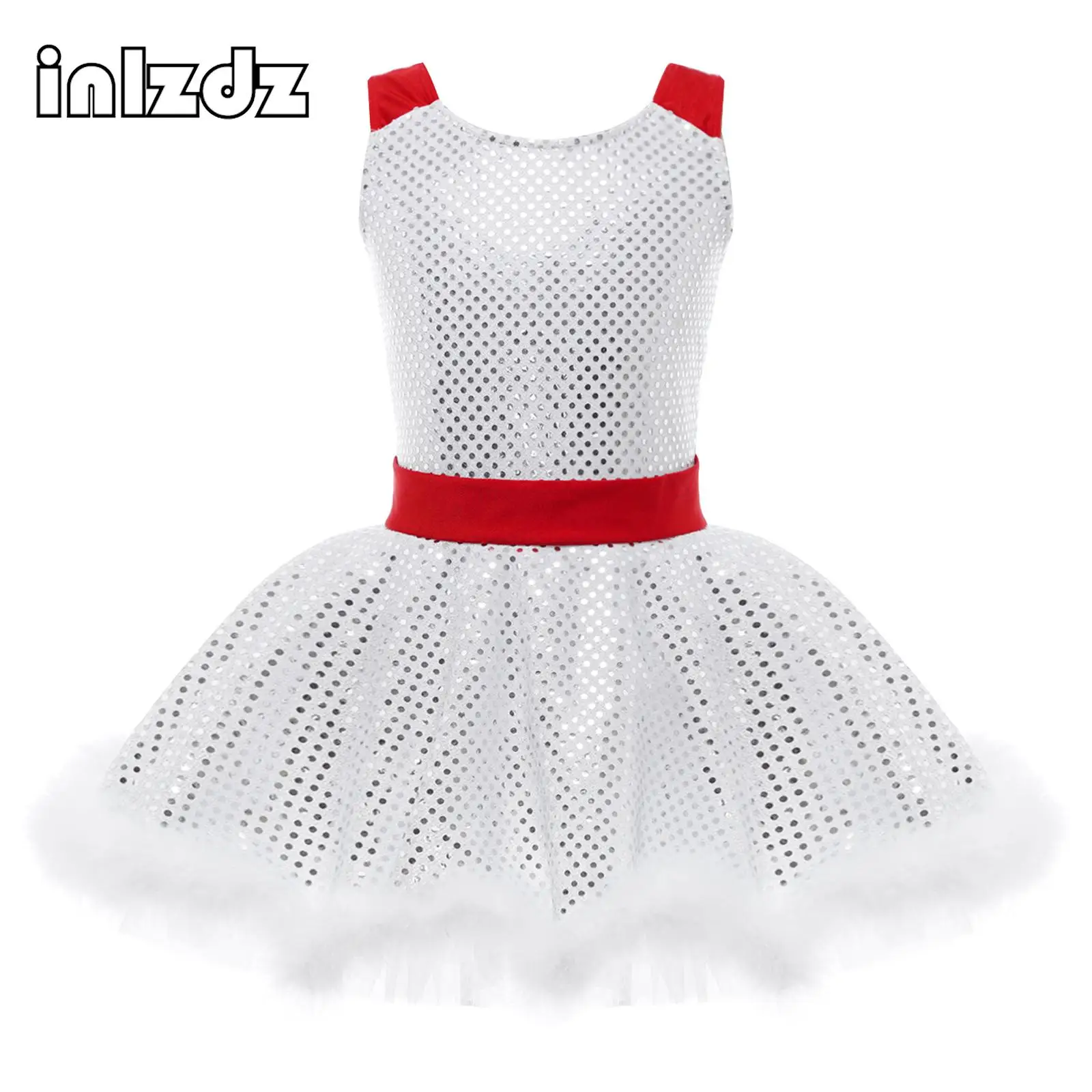 Kids Girls White Snowman Costume Sleeveless Sequins Leotard Tutu Dress Faux Fur Trim Christmas Skating Ballet Dance Wear