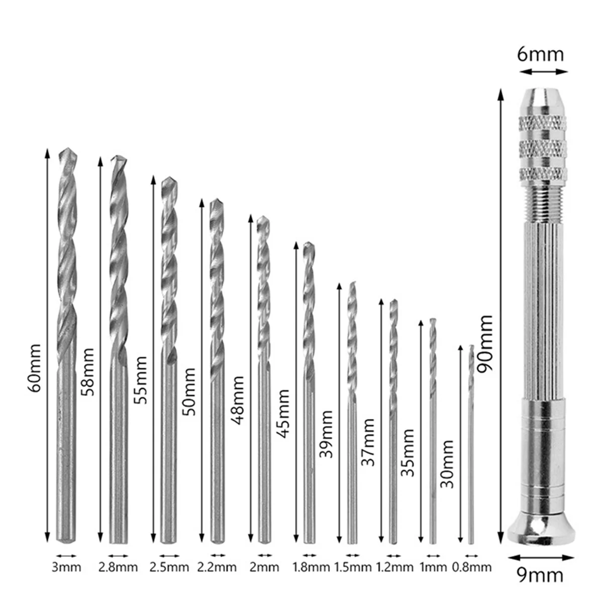 Silver Hand Twist Drill Woodworking Hand Punch Tool 0.8-3.0mm Four-Headed Steel Handle Hardware Clock Maintenance.