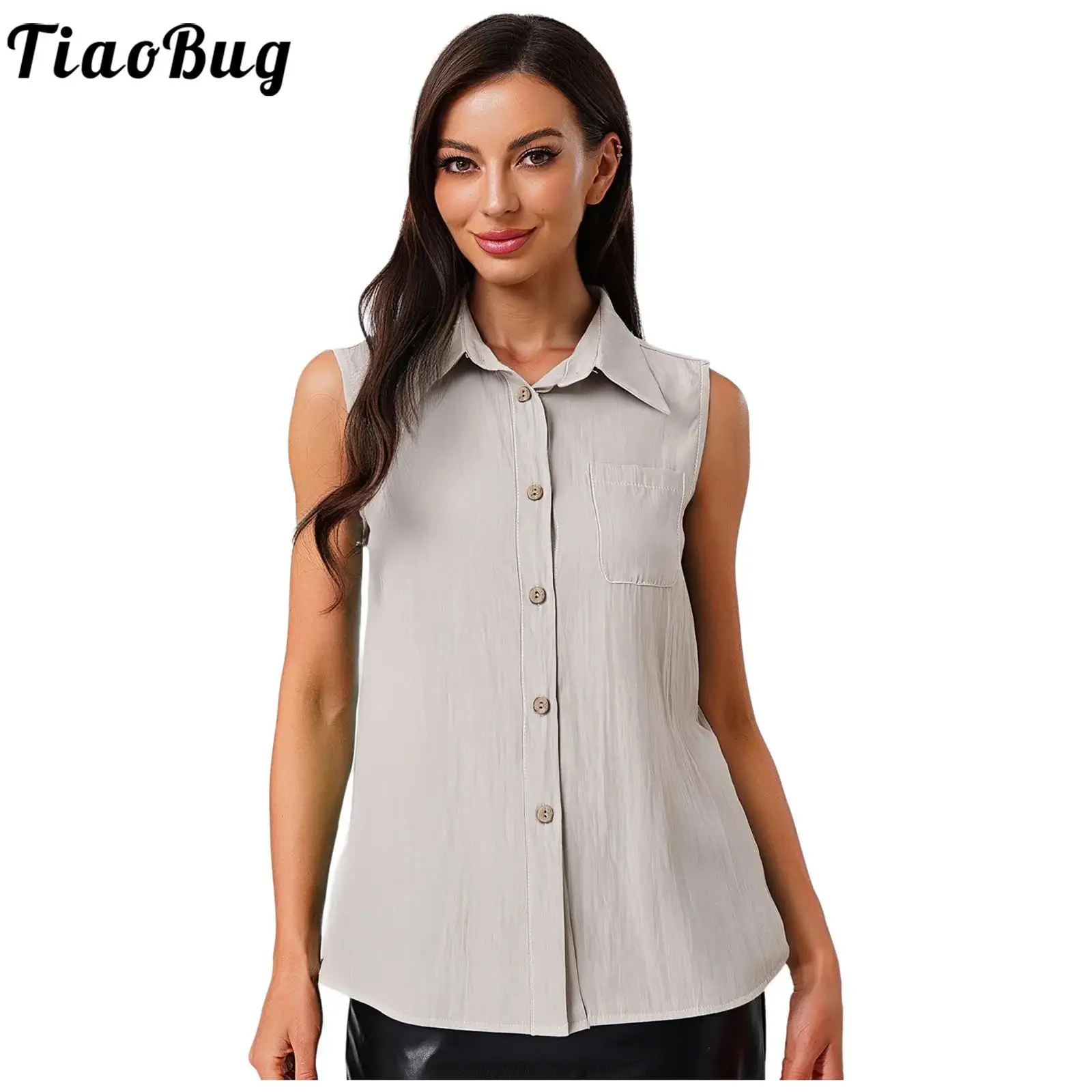 

Women Solid Color Lapel Waistcoat Sleeveless Button-down Solid Color Basic Tank Tops Blouse for Daily Office Casual Business