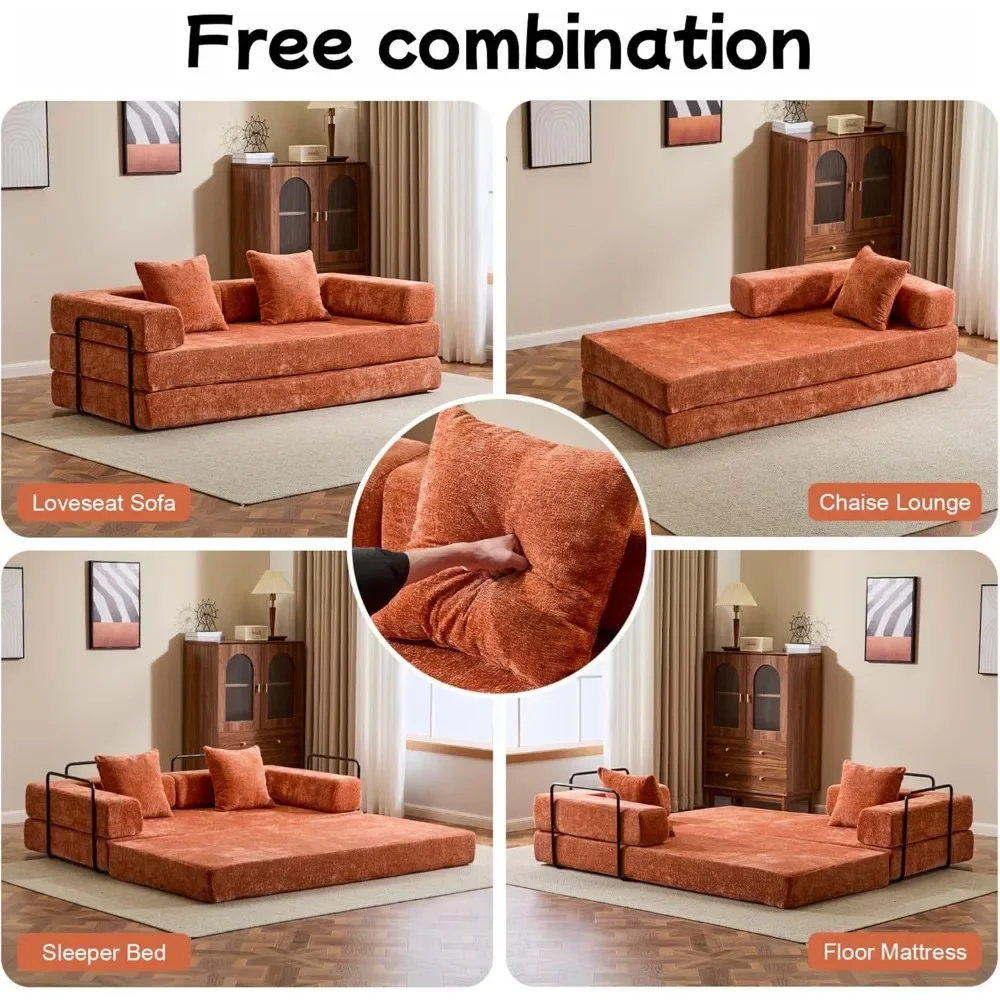 أريكة سرير قابلة للتحويل، مرتبة سحابية قابلة للطي مع وسادة خلفية ومسند للذراع، إطار ثابت الشكل، سرير أريكة من الشنيل النائم