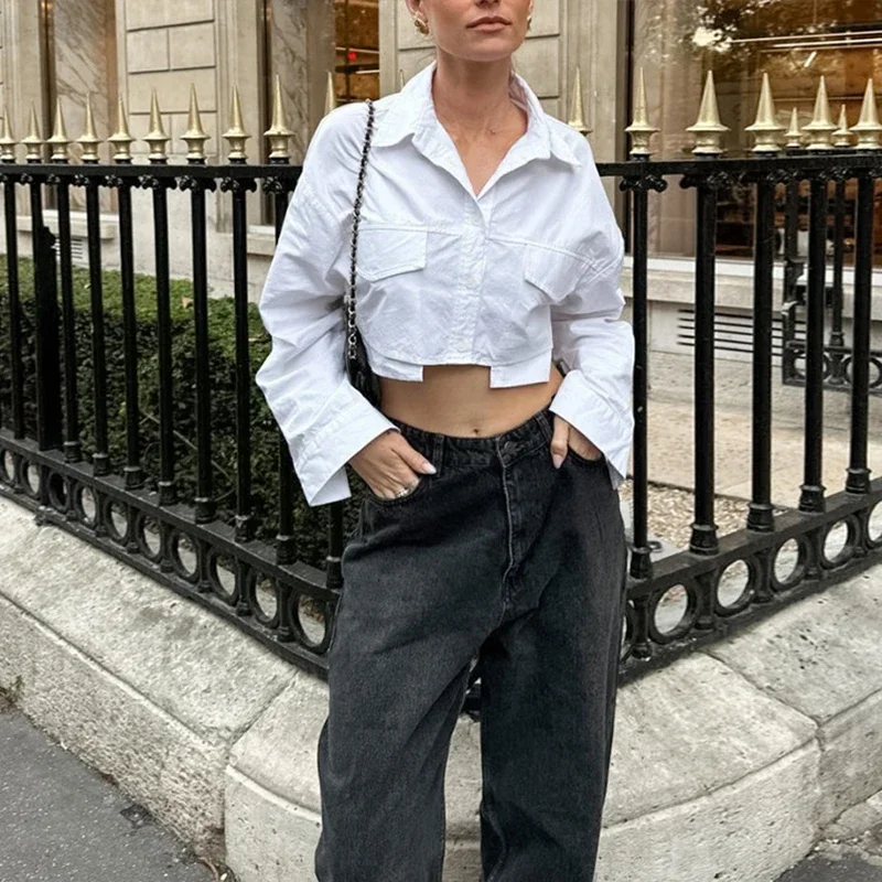 Fmxires 2025 Women Solid White Blouse Long Sleeve With Pocket Casual Loose Chic Tops Office Lady Fashion Basic Versatile Shirt