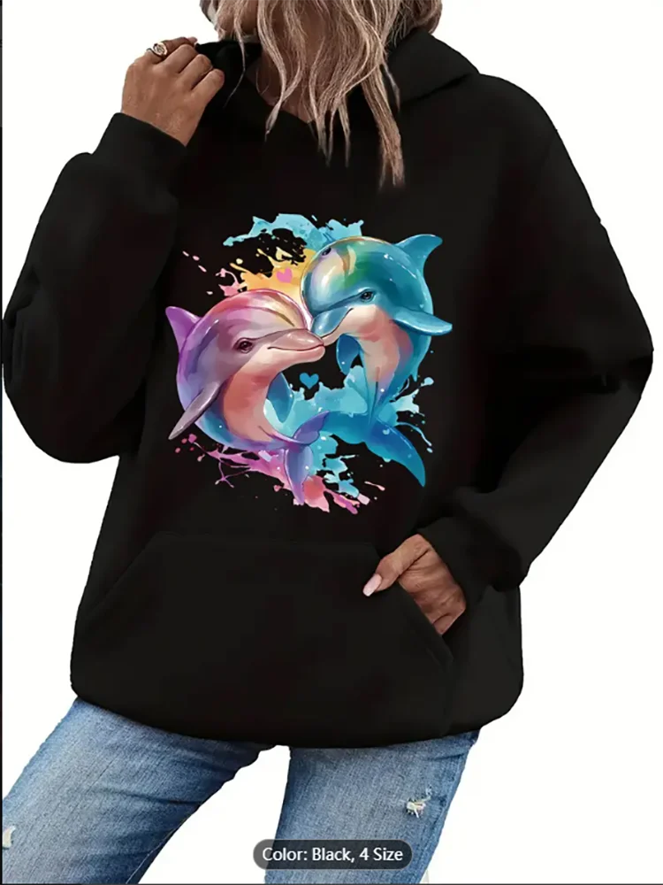 Sudadera con capucha gris para mujer con estampado gráfico de delfines coloridos Sudadera con capucha con cordón de ajuste extragrande Ropa informal inspirada en el océano