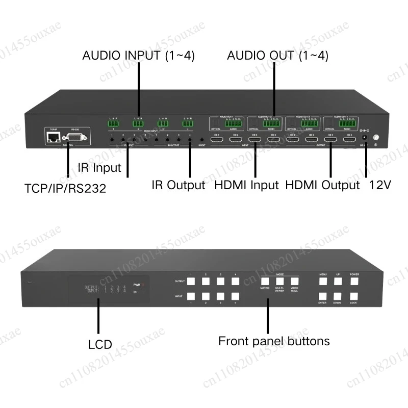 PINWEI 4X4 4K60Hz HDMI Seamless Matrix Switcher Audio Optical L/R AUX Splitter Multiviewer