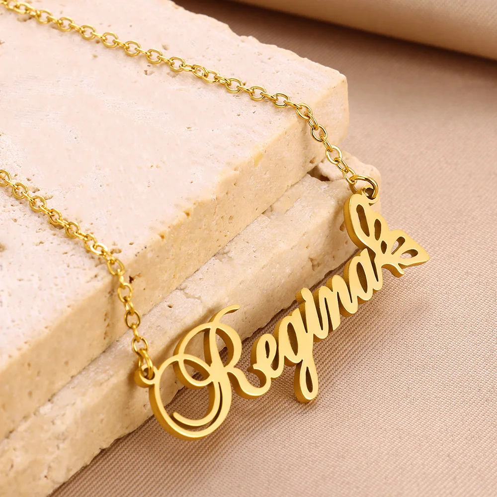 

Custom Stainless Steel Cute Butterfly Name Necklace Women Girl Gift Jewelry Personalized Gold Color Nameplate Pendant Necklace