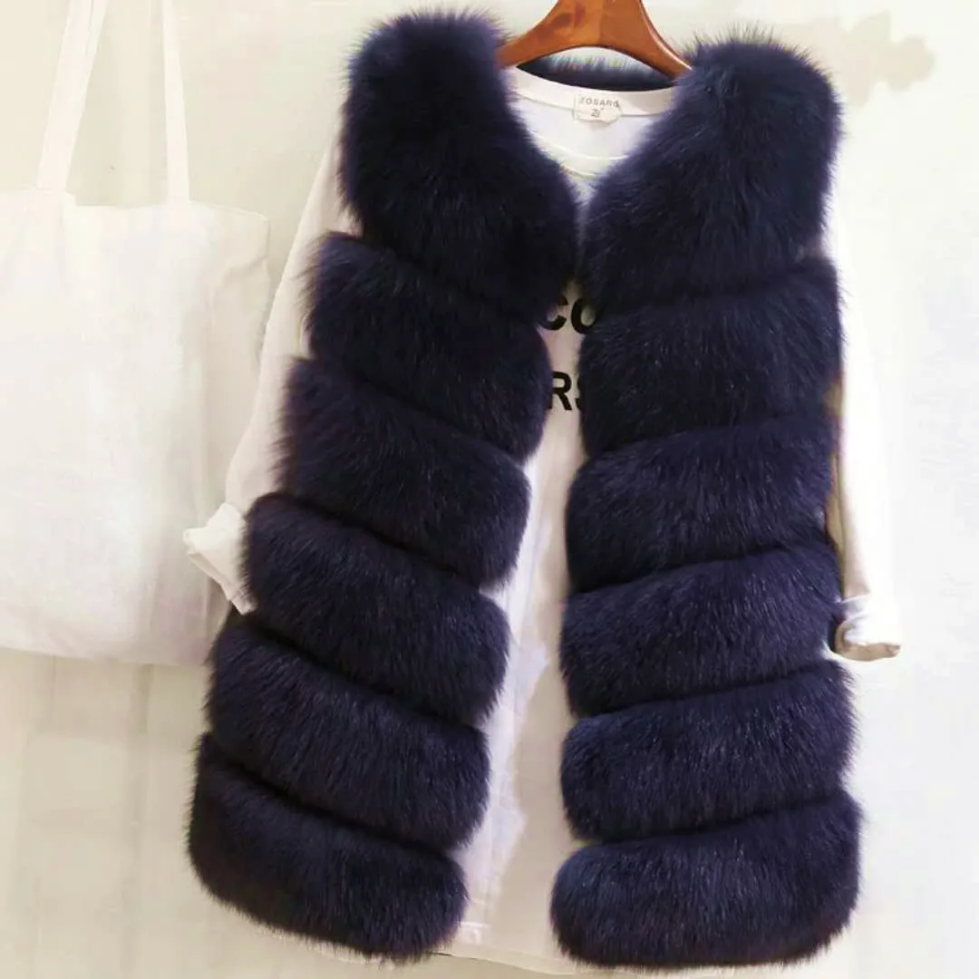 Faux Fox Fur Vest Coats Women White Mid Length Fur Jackets V Neck Sleeveless Thick Warm Fur Casual Loose Furry Autumn Winter