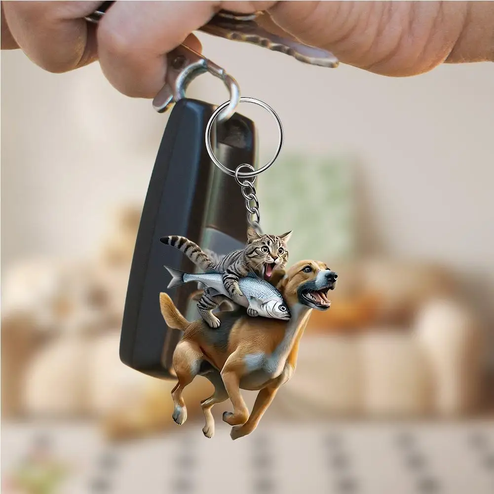 

2D Acrylic cat riding dog car pendant Auto Interior Decor Car Rearview Mirror Hanging Ornament for Backpack Keychain Home
