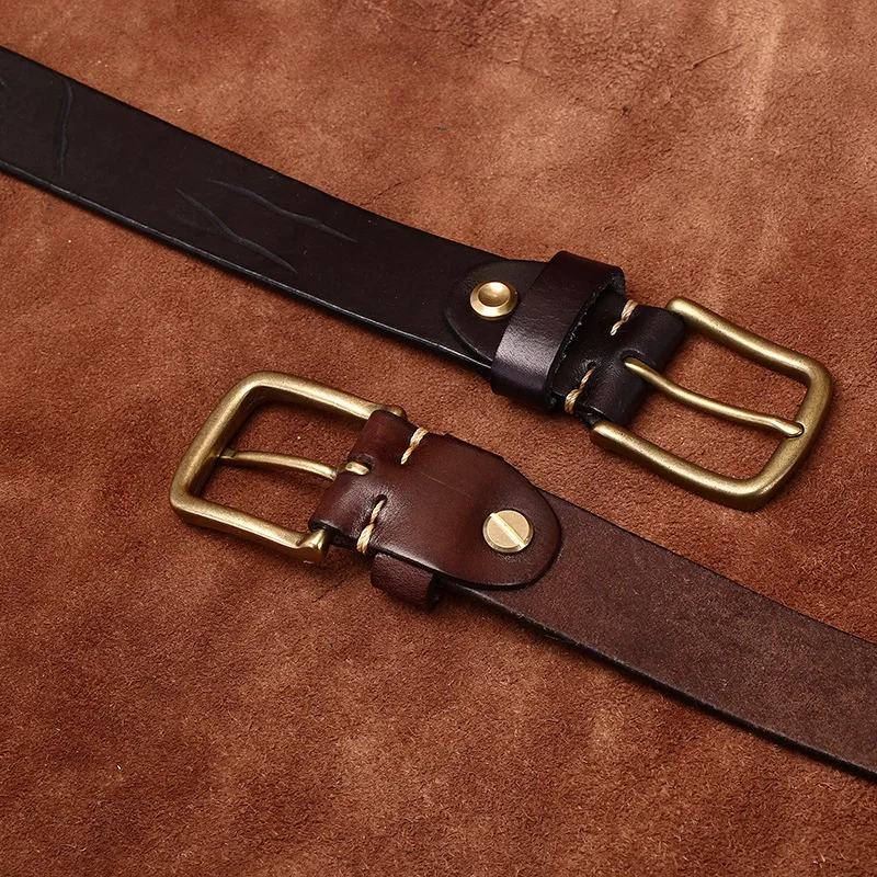 3.3CM Genuine Leather Belt Men Retro Handmade Knife Marks Design Brass Buckle Jeans Cowskin Casual Belts Cowboy Waistband Male