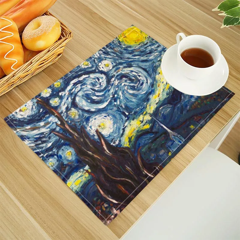 Van Gogh The Starry Night Print Linen Dining Table Mats Alphabet Kitchen Placemat 30X40cm Coasters Pads Bowl Cup Mat