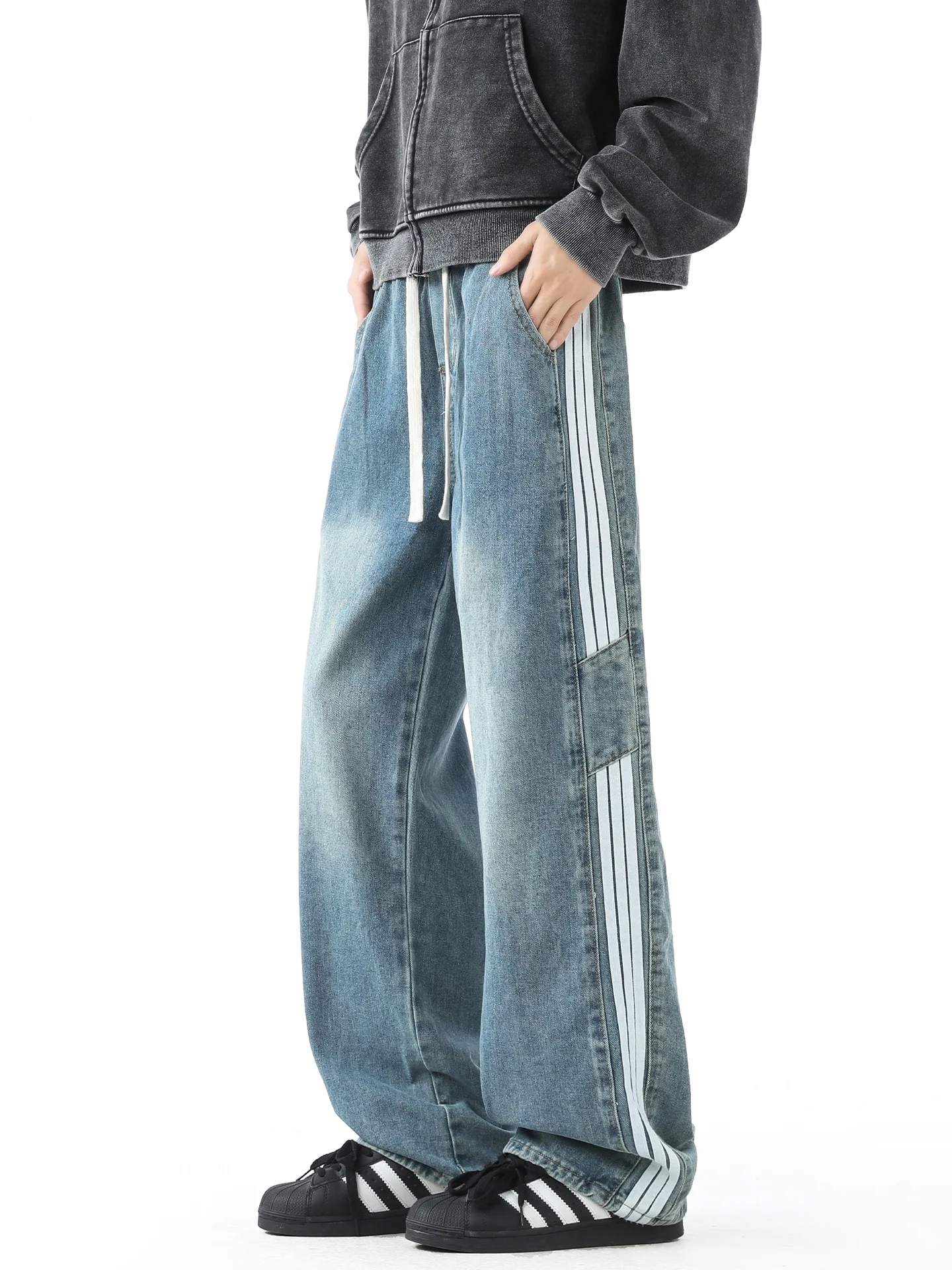 

American High Street Stripe Three Bars Straight Leg Men's Jeans Autumn Winter Washed Splicing Vibe Loose Wide Leg Long Pants