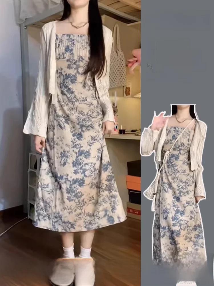 

plus Size Floral Print Camisole Dress Women's Summer Clothes Cover Belly Slimming Small Fragrance Style Open Cardigan Dress T...