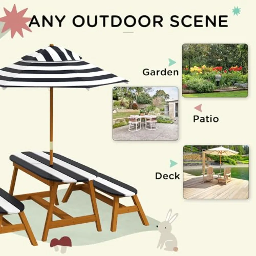 مجموعة طاولة النزهة مجموعة طاولات ومقاعد خشبية مع مجموعة أثاث حديقة مظلة قابلة للإزالة لعمر 24 عامًا 38 عامًا مثالية لـ P