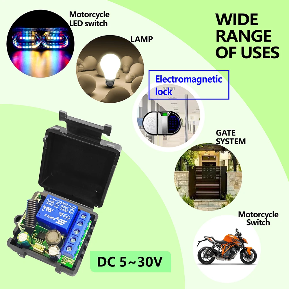 RF Interruptor de Controle Remoto Sem Fio, 433MHz, DC 5V, 12V, 24V, 30V, Módulo de Relé, 500M Transmissor para Lâmpada de Bloqueio Eletromagnético